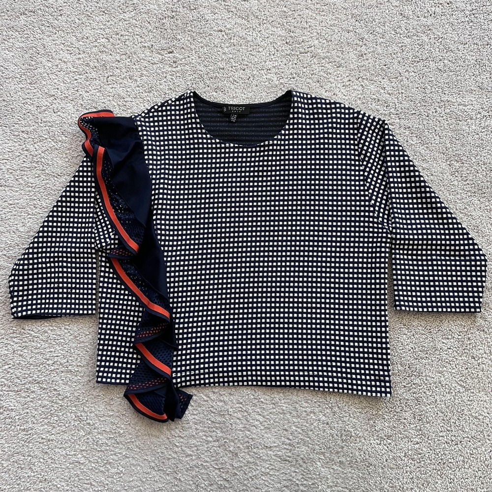 Tricot Chic Checkered Ruffle Knit Top Womens 10 Blue Navy 3/4 Sleeve Pullover